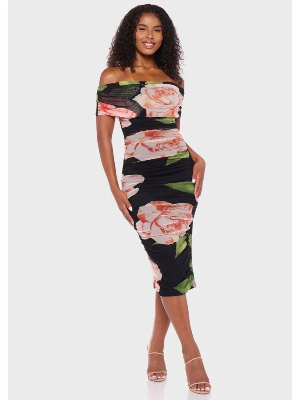 Floral Off-Shoulder Midi Dress By B. Darlin - Black & Peach - Ruched Design - XS